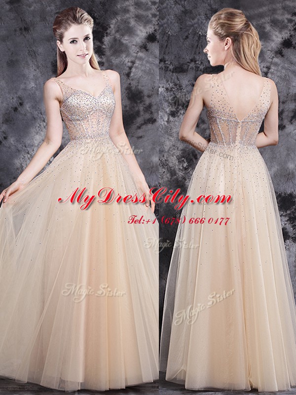 Stunning Champagne Zipper Prom Party Dress Beading Sleeveless Floor Length