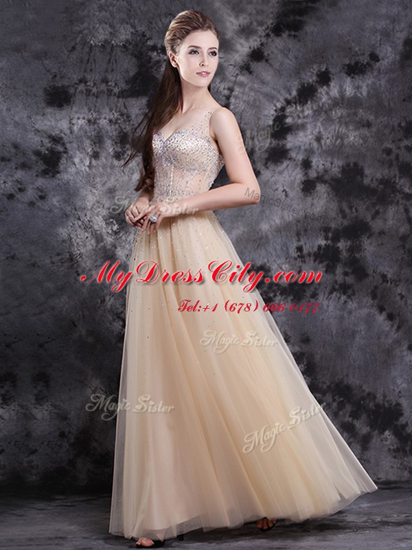 Stunning Champagne Zipper Prom Party Dress Beading Sleeveless Floor Length