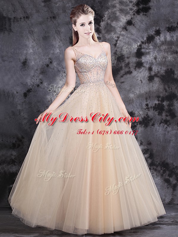 Stunning Champagne Zipper Prom Party Dress Beading Sleeveless Floor Length