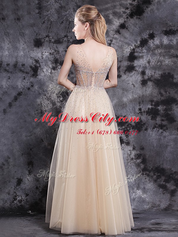 Stunning Champagne Zipper Prom Party Dress Beading Sleeveless Floor Length