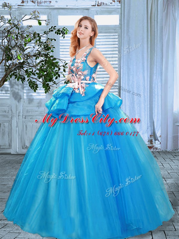 Clearance Scoop Sleeveless Organza Quinceanera Dresses Appliques and Hand Made Flower Lace Up