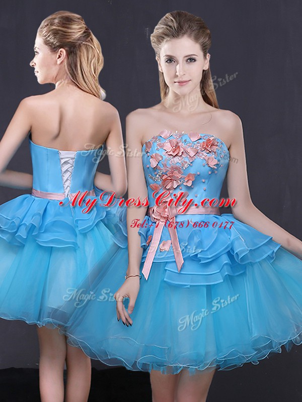 Blue Sleeveless Hand Made Flower Mini Length Prom Gown