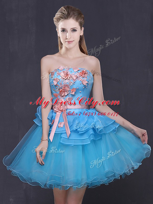 Blue Sleeveless Hand Made Flower Mini Length Prom Gown