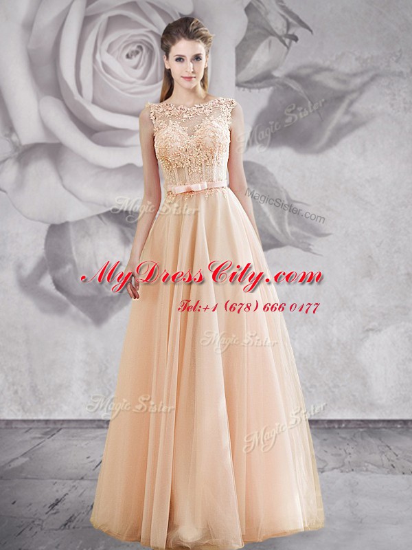 Bateau Sleeveless Tulle Evening Dress Appliques and Bowknot Lace Up