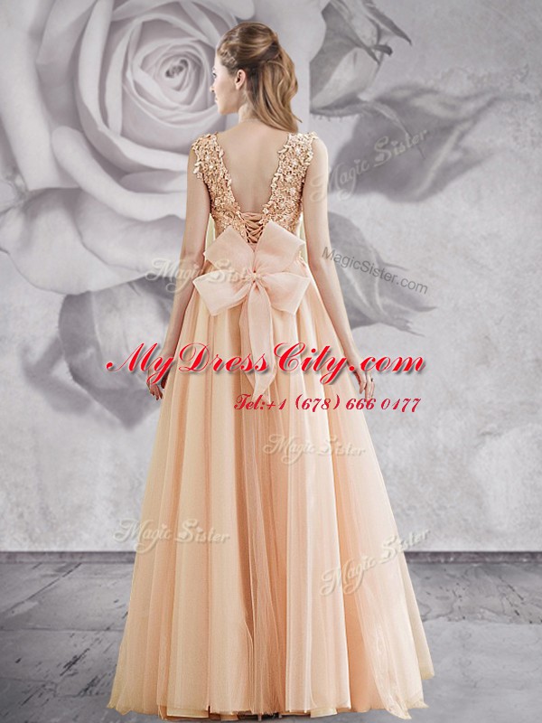 Bateau Sleeveless Tulle Evening Dress Appliques and Bowknot Lace Up