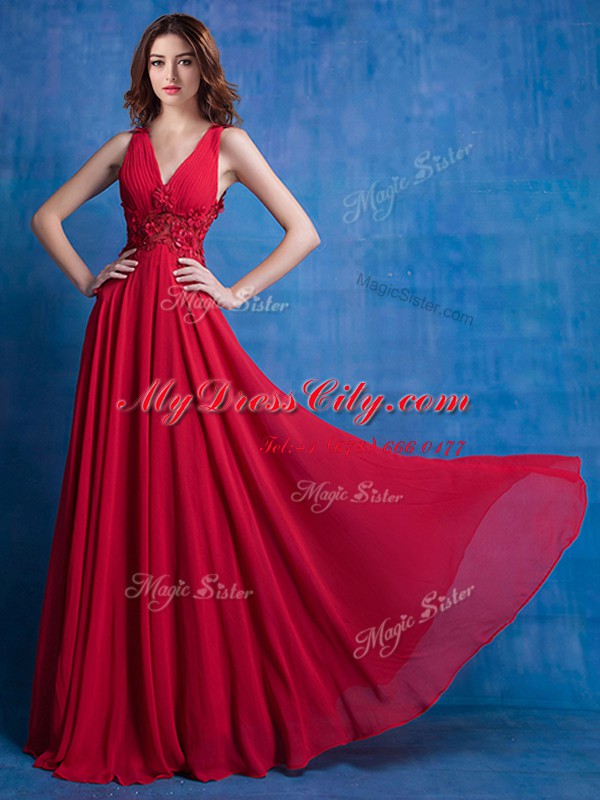 V-neck Sleeveless Backless Dress for Prom Red Chiffon