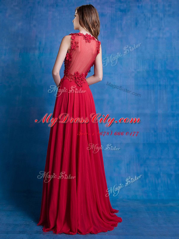 V-neck Sleeveless Backless Dress for Prom Red Chiffon