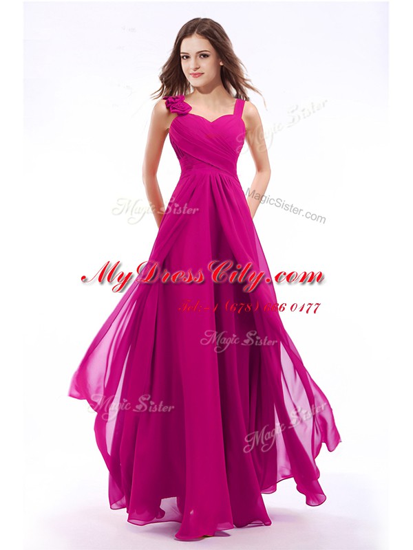 Eye-catching Straps Floor Length Zipper Dress for Prom Fuchsia for Prom with Hand Made Flower