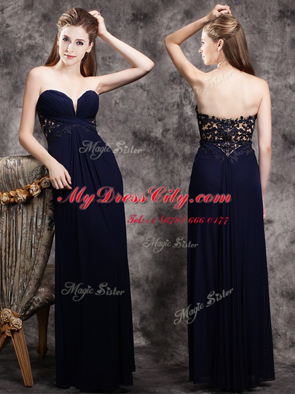 Deluxe Navy Blue Empire Appliques Evening Dress Zipper Chiffon Sleeveless Floor Length