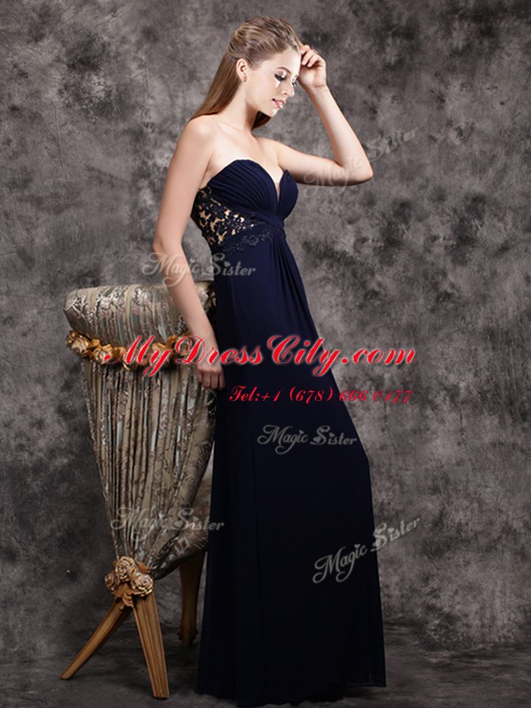 Deluxe Navy Blue Empire Appliques Evening Dress Zipper Chiffon Sleeveless Floor Length