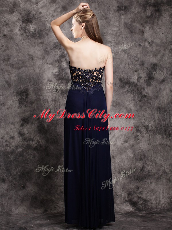 Deluxe Navy Blue Empire Appliques Evening Dress Zipper Chiffon Sleeveless Floor Length