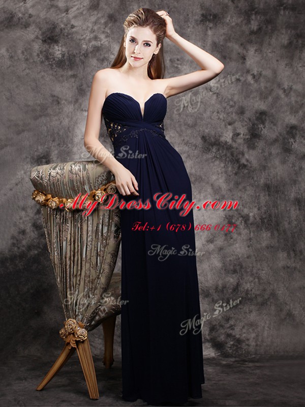 Deluxe Navy Blue Empire Appliques Evening Dress Zipper Chiffon Sleeveless Floor Length