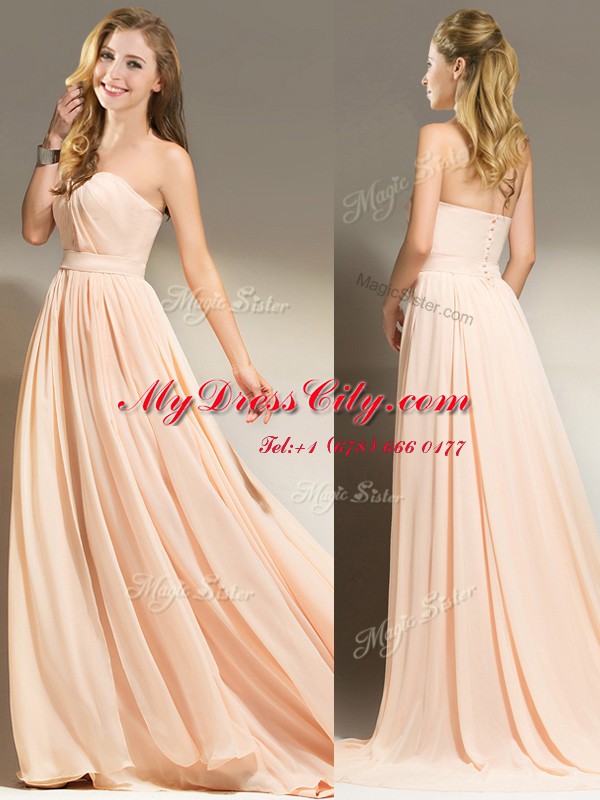 Smart Peach Sleeveless With Train Belt Clasp Handle Prom Dress