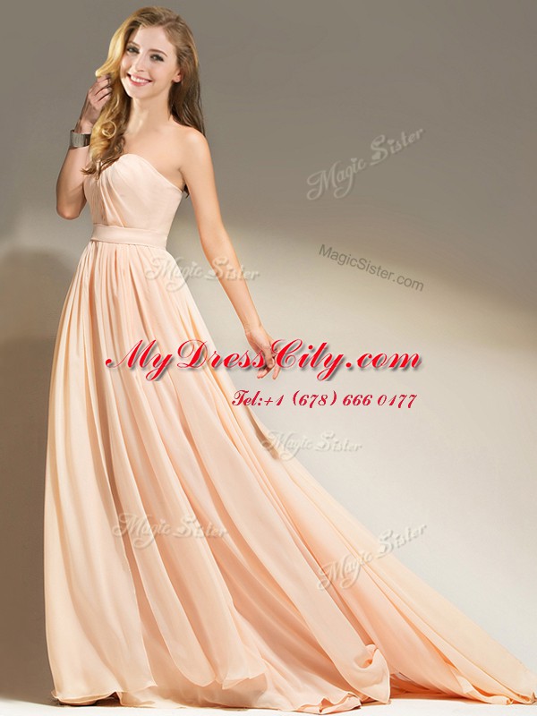 Smart Peach Sleeveless With Train Belt Clasp Handle Prom Dress