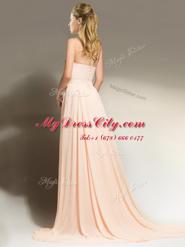 Smart Peach Sleeveless With Train Belt Clasp Handle Prom Dress