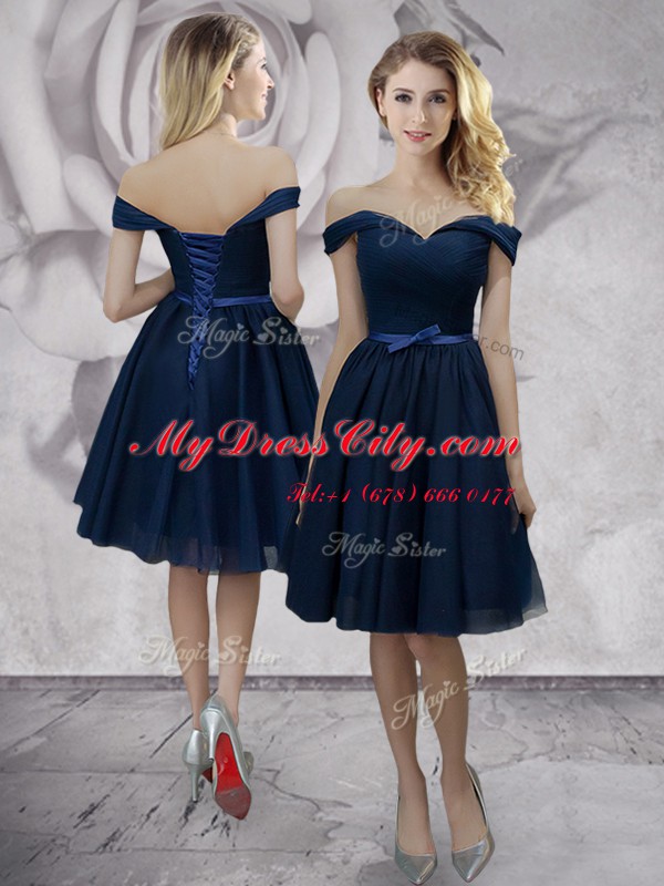 Off the Shoulder Navy Blue Sleeveless Bowknot Knee Length Homecoming Dress