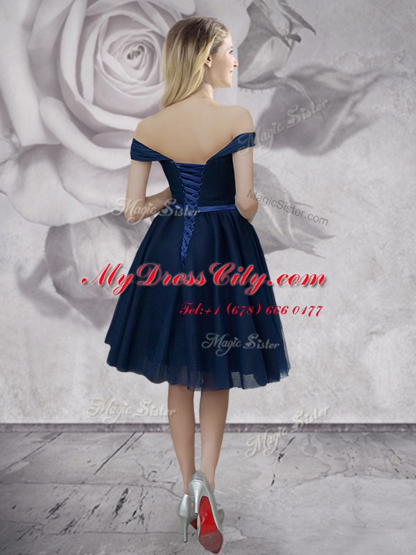 Off the Shoulder Navy Blue Sleeveless Bowknot Knee Length Homecoming Dress