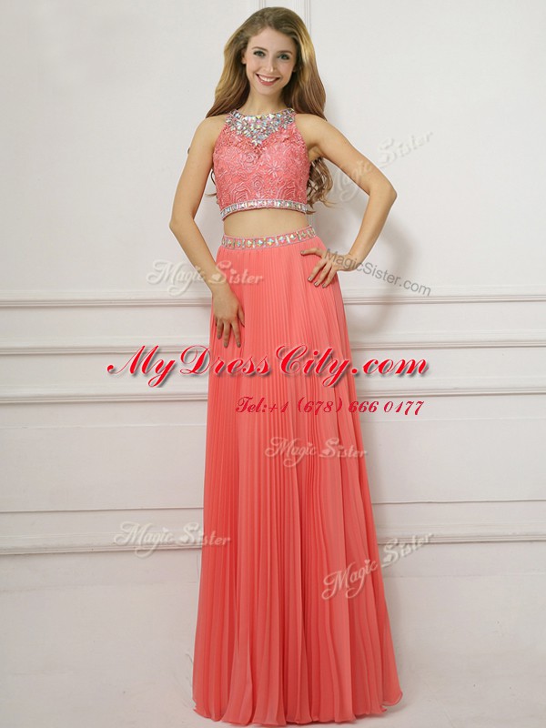 New Style Watermelon Red Scoop Zipper Beading Prom Party Dress Sleeveless