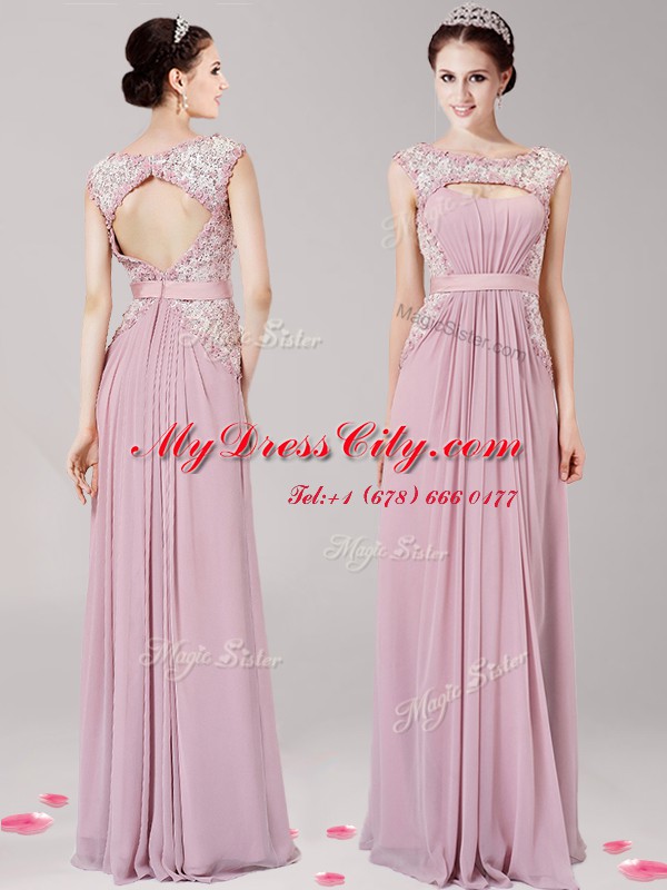 Empire Prom Party Dress Pink Scoop Chiffon Sleeveless Floor Length Zipper