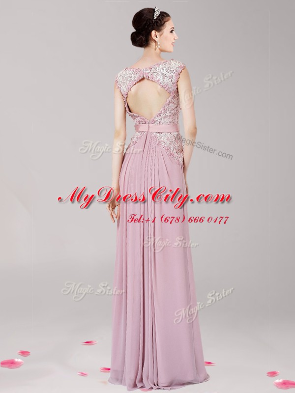 Empire Prom Party Dress Pink Scoop Chiffon Sleeveless Floor Length Zipper