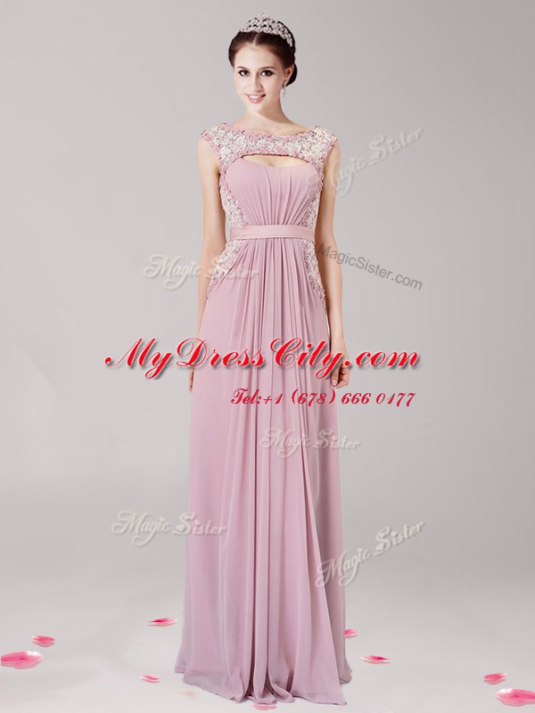 Empire Prom Party Dress Pink Scoop Chiffon Sleeveless Floor Length Zipper