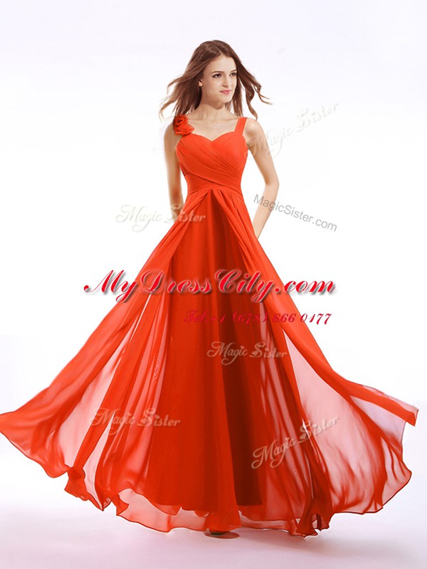 Custom Fit Straps Floor Length Orange Red Prom Gown Chiffon Sleeveless Hand Made Flower