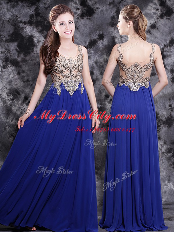 Scoop Sleeveless Side Zipper Floor Length Appliques Dress for Prom