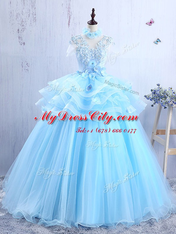 Appliques and Ruffles Pageant Dresses Baby Blue Lace Up Short Sleeves Floor Length