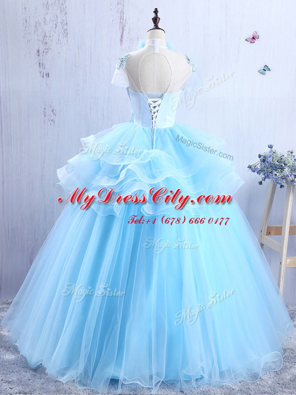 Appliques and Ruffles Pageant Dresses Baby Blue Lace Up Short Sleeves Floor Length