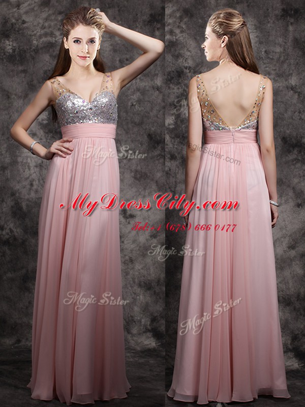 Sleeveless Zipper Floor Length Beading and Sequins Prom Evening Gown