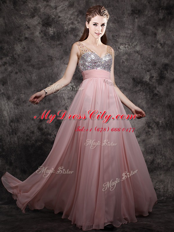 Sleeveless Zipper Floor Length Beading and Sequins Prom Evening Gown