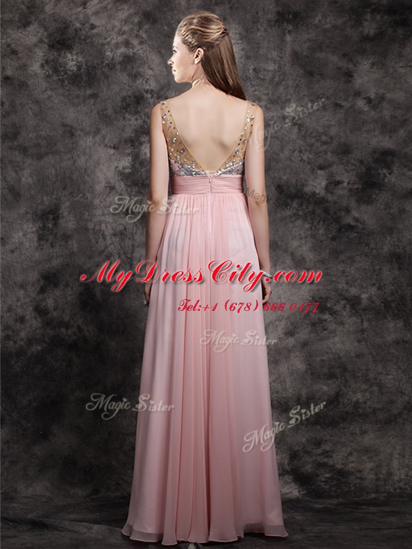 Sleeveless Zipper Floor Length Beading and Sequins Prom Evening Gown