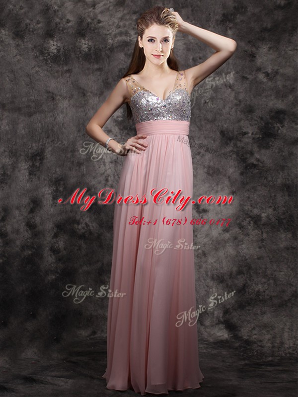 Sleeveless Zipper Floor Length Beading and Sequins Prom Evening Gown