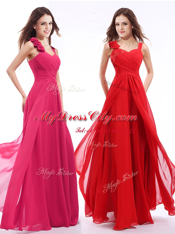 Straps Sleeveless Zipper Prom Gown Hot Pink Chiffon