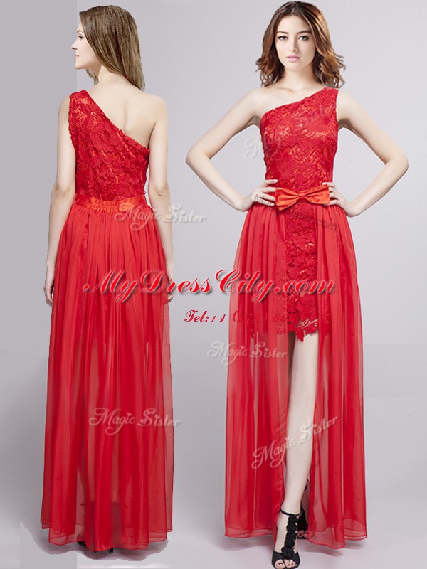 Top Selling One Shoulder Red Zipper Prom Dresses Lace and Bowknot Sleeveless Floor Length