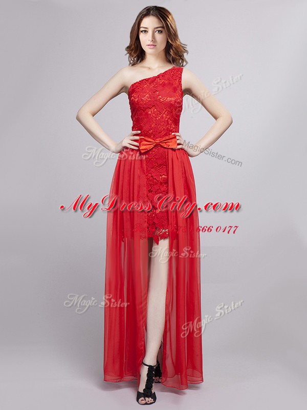 Top Selling One Shoulder Red Zipper Prom Dresses Lace and Bowknot Sleeveless Floor Length