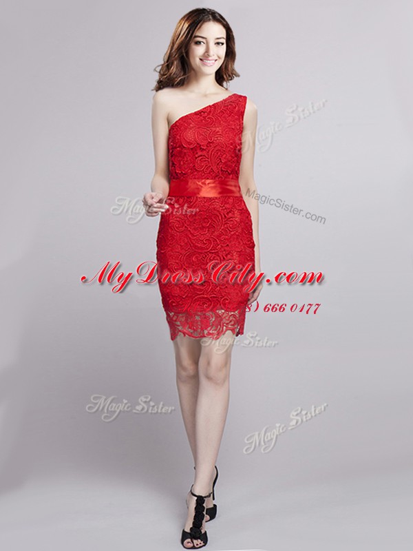 Top Selling One Shoulder Red Zipper Prom Dresses Lace and Bowknot Sleeveless Floor Length