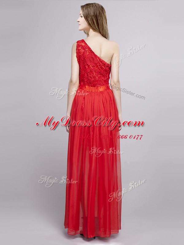 Top Selling One Shoulder Red Zipper Prom Dresses Lace and Bowknot Sleeveless Floor Length