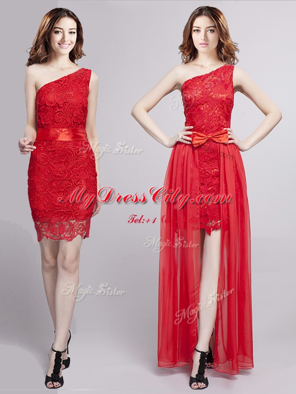 Top Selling One Shoulder Red Zipper Prom Dresses Lace and Bowknot Sleeveless Floor Length