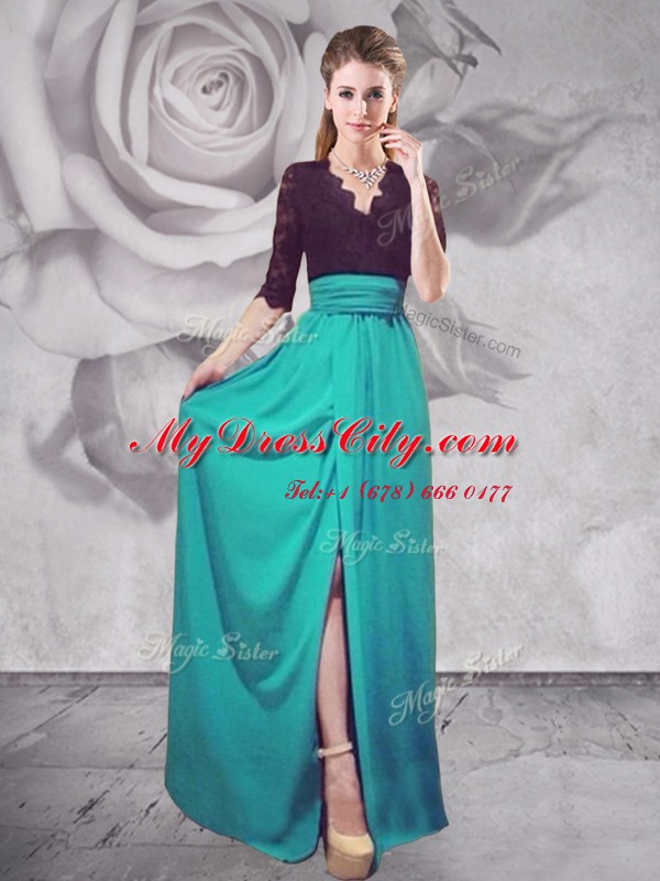 Floor Length Turquoise Prom Dresses Half Sleeves Zipper