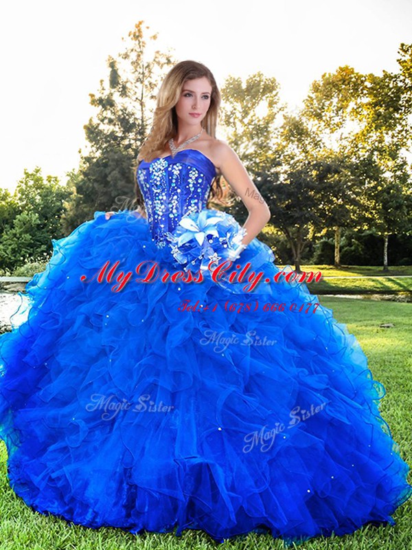 Dramatic Strapless Sleeveless Quinceanera Gowns Floor Length Beading and Ruffles Royal Blue Tulle