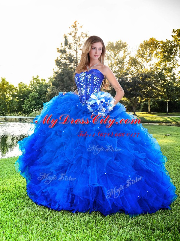 Dramatic Strapless Sleeveless Quinceanera Gowns Floor Length Beading and Ruffles Royal Blue Tulle