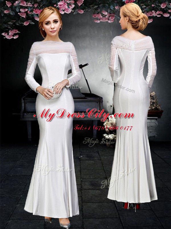 Customized Off the Shoulder White Elastic Woven Satin Backless Prom Dresses Long Sleeves Floor Length Ruching