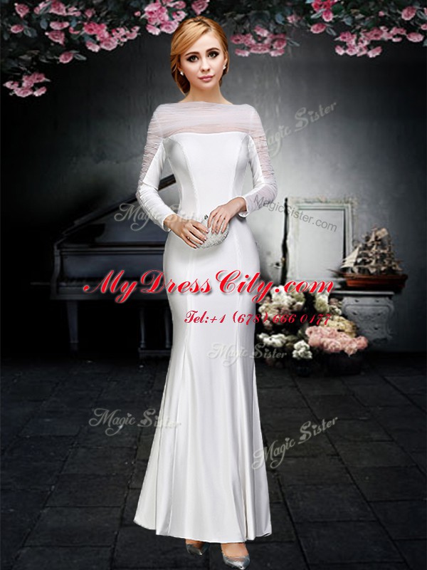 Customized Off the Shoulder White Elastic Woven Satin Backless Prom Dresses Long Sleeves Floor Length Ruching