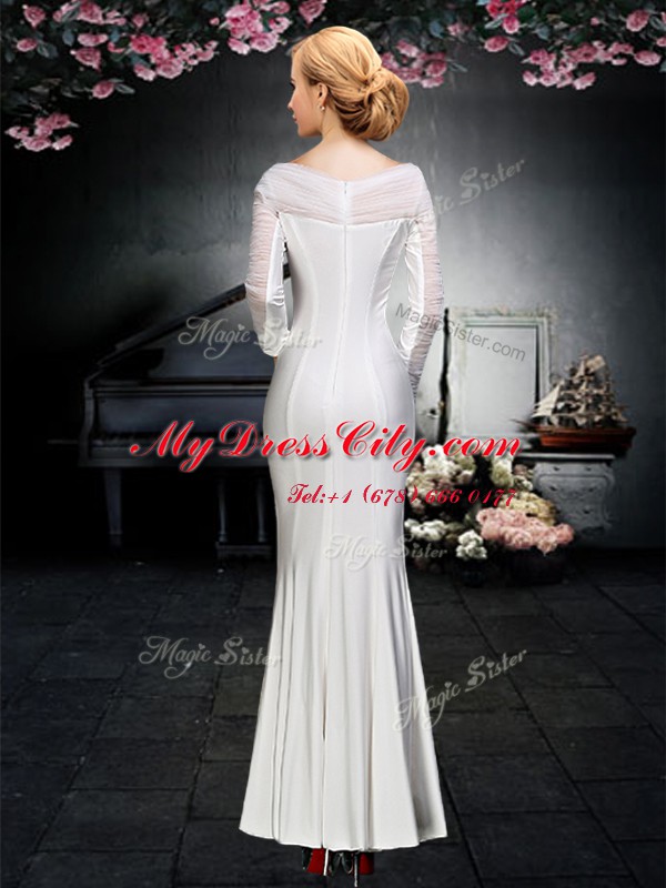 Customized Off the Shoulder White Elastic Woven Satin Backless Prom Dresses Long Sleeves Floor Length Ruching