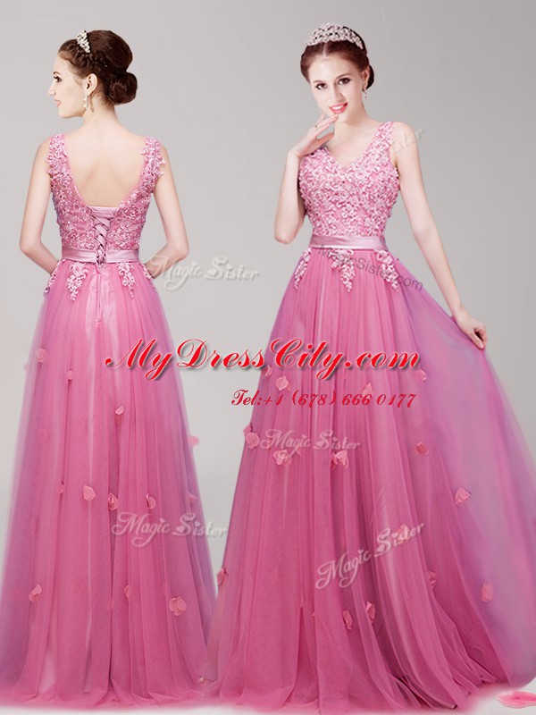 Affordable Tulle V-neck Sleeveless Lace Up Appliques and Belt Prom Dress in Pink