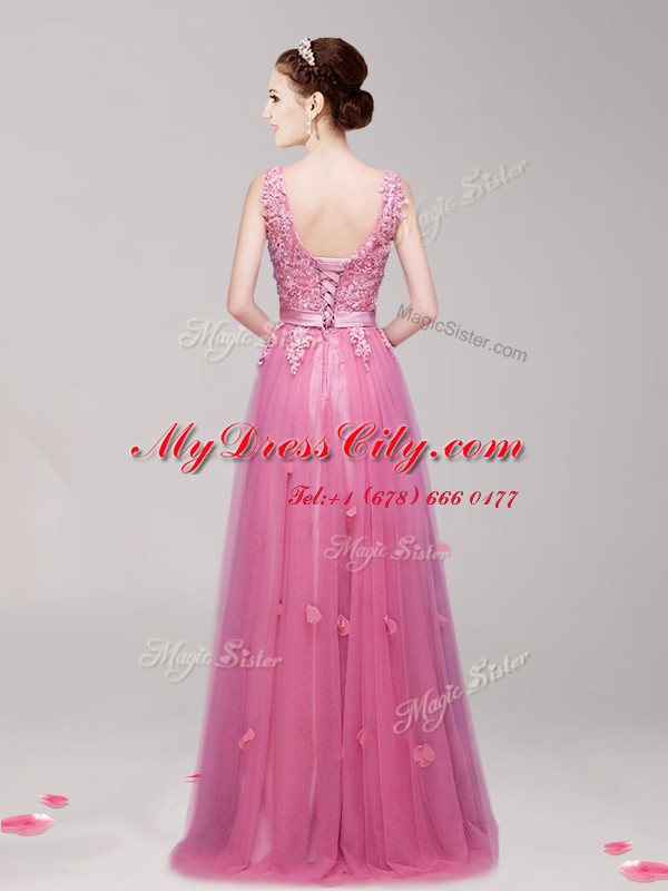 Affordable Tulle V-neck Sleeveless Lace Up Appliques and Belt Prom Dress in Pink