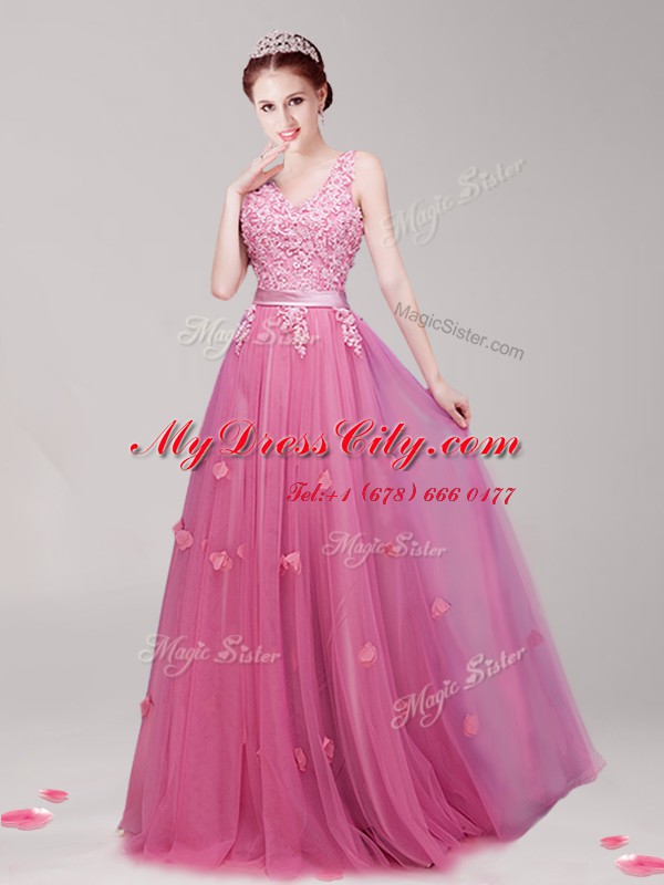 Affordable Tulle V-neck Sleeveless Lace Up Appliques and Belt Prom Dress in Pink