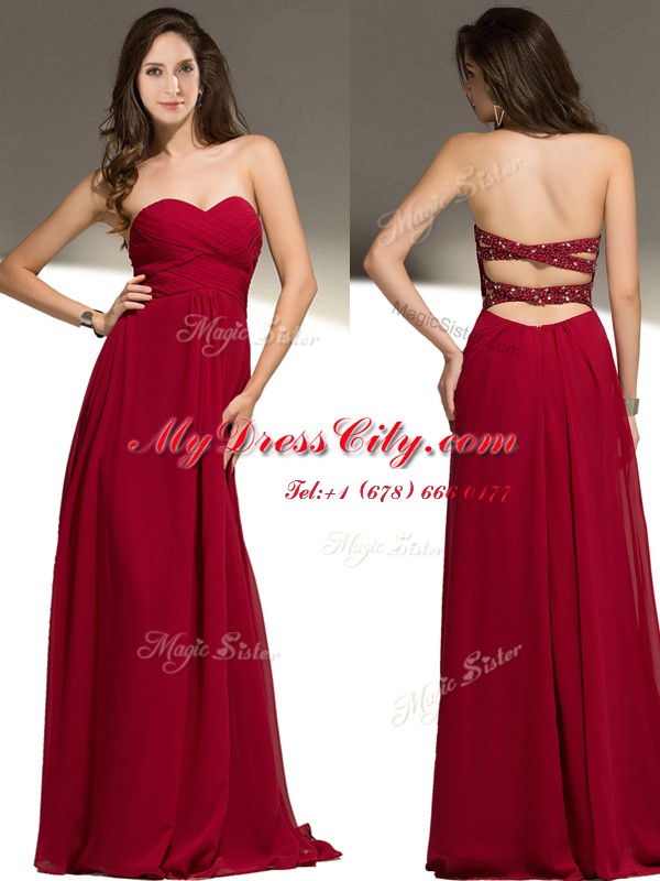 Red Empire Chiffon Sweetheart Sleeveless Beading Floor Length Criss Cross Dress for Prom