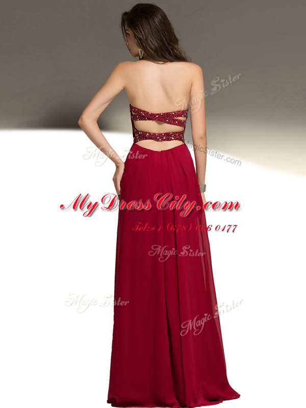 Red Empire Chiffon Sweetheart Sleeveless Beading Floor Length Criss Cross Dress for Prom